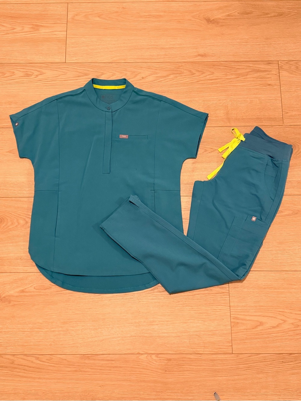 Figs Women's Teal Blue Scrub Set with Yellow Drawstring
